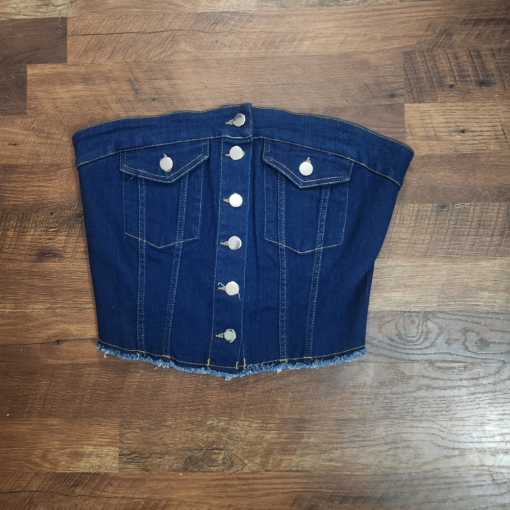 Women's Tulip Creations Button DownCrop Top Denim Dark Blue Jean Stretchy Size M